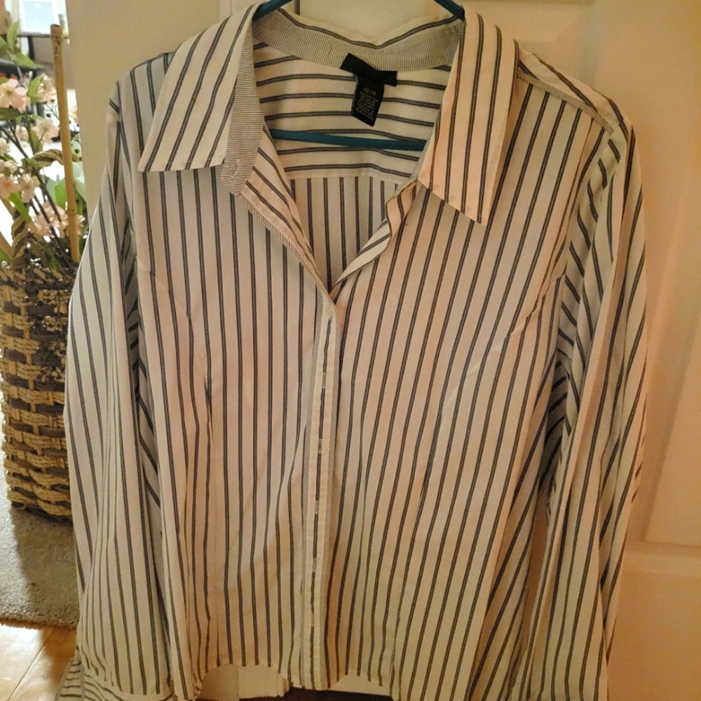 Black & white blouse with cuff links by Lane Bryant.